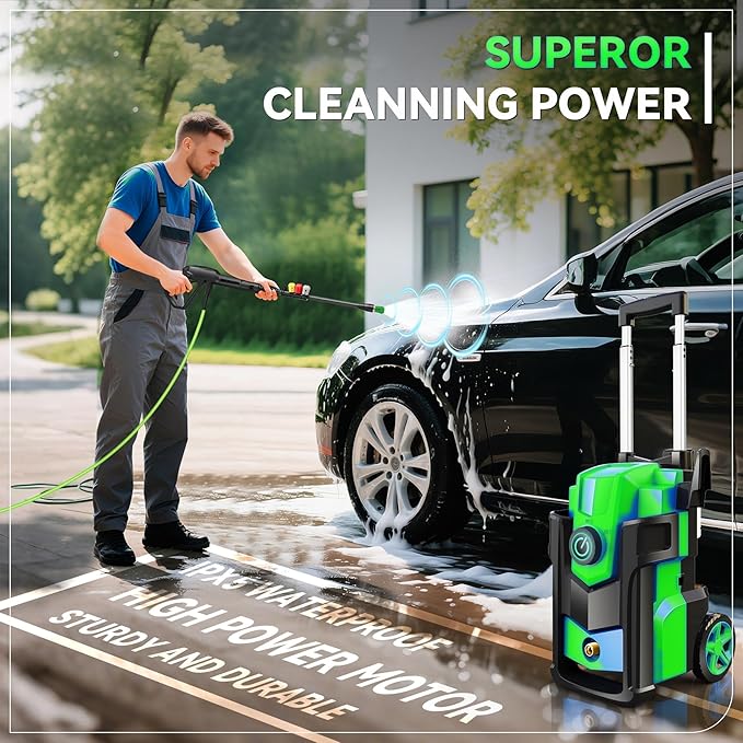 Professional Pressure Cleaner 5000 PSI,Heavy Duty Power Cleaner with 4 Nozzles,Foam Cannon,33FT Hose and 500ml Soap Bottle for Home/Cars (Green)