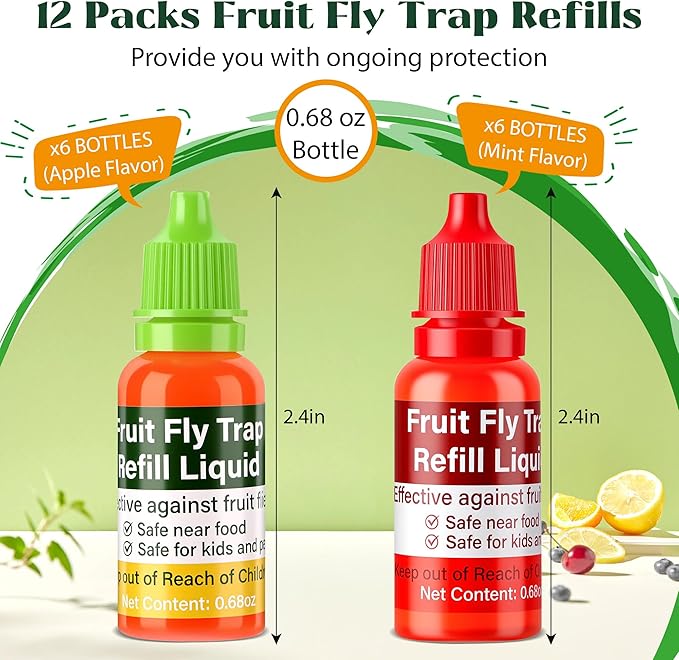 Fruit Fly Trap Refill Liquid, 12 Pack Wasp Bees Traps Refill Liquids, Effective Mosquito Gnat Fly Killer Bait Refill for Indoor Outdoor Tabletop Kitchen Plants, Safe Near Pets and Food