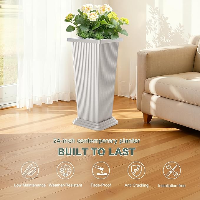 Tall Planters Set of 2, Large Indoor Outdoor Flower Pots with Tray Modern Tapered Planter for Patio, Garden, Porch, Backyard (White Ribbed 24")