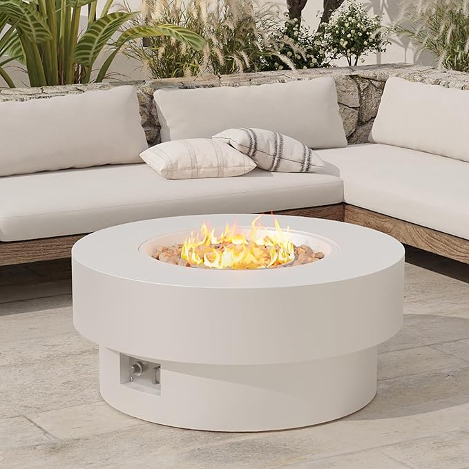 32 inch Outdoor Propane Fire Table, Round Patio Fire Pit Table, 50,000 BTU Gas FirePit with Lid, Cover, Lava Rocks, CSA Certified, White