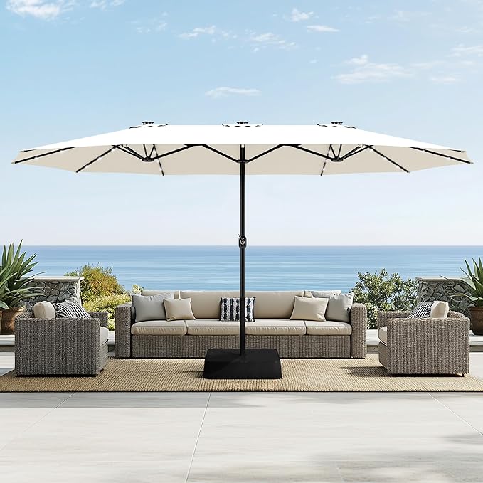 Sophia & William 15 ft Extra Large Patio Umbrella with Solar Lights, Rectangular Outdoor Umbrella with Base Included, Market Umbrella Double-sided Heavy Duty for Pool Garden Backyard, Ivory White