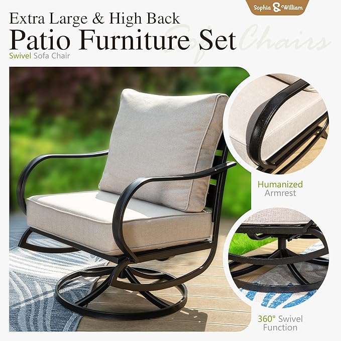 Sophia & William Patio Furniture Sets for 5 Outdoor Metal Conversation Sets 5 Pcs with 2 x Cushioned Swivel Sofa Chairs, 2 x Ottomans as Coffee Table, 1 x 3-Seat Sofa, Lawn Backyard Poolside Beige
