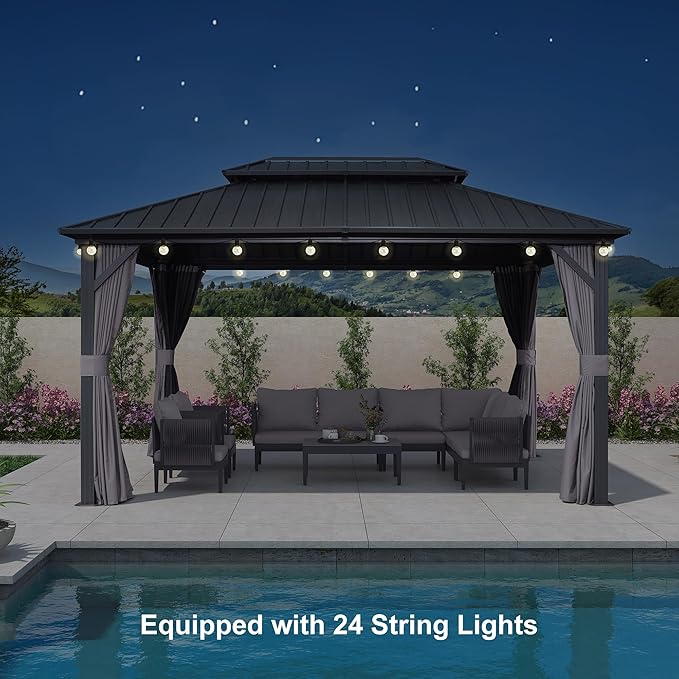 PURPLE LEAF 10'x14' Hardtop Gazebo with Lights Wind-Resistant Galvanized Steel Dual-Layer Double Roof Outdoor Patio Pavilion Including Netting and Privacy Curtains for Lawn Garden Backyard Grey