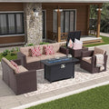 Super Patio 8 Pieces Outdoor Patio Furniture Set with 45” Fire Pit Table, Rattan Patio Conversation Sets with 50000 BTU Gas Fire Pit, Wicker Sectional Sofa Set with Storage Box, Brown(Without Table)