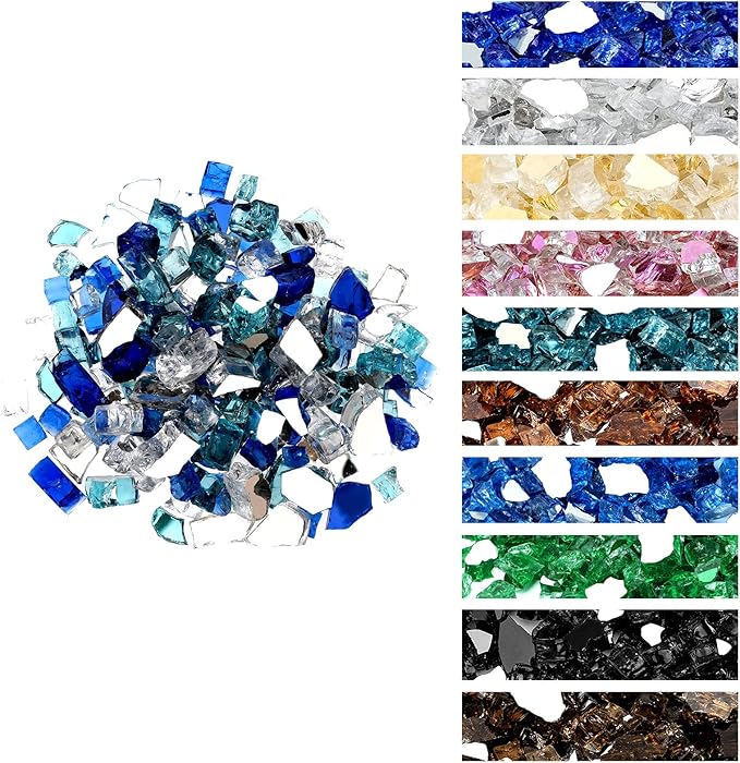 Onlyfire 10 Pounds Blended Reflective Fire Glass for Fire Pit Fireplace and Landscaping, 1/4 Inch Mixed Colored High Luster Fireglass Rocks for Outdoor ＆ Indoor Use - Aqua Blue+Platinum+Cobalt Blue