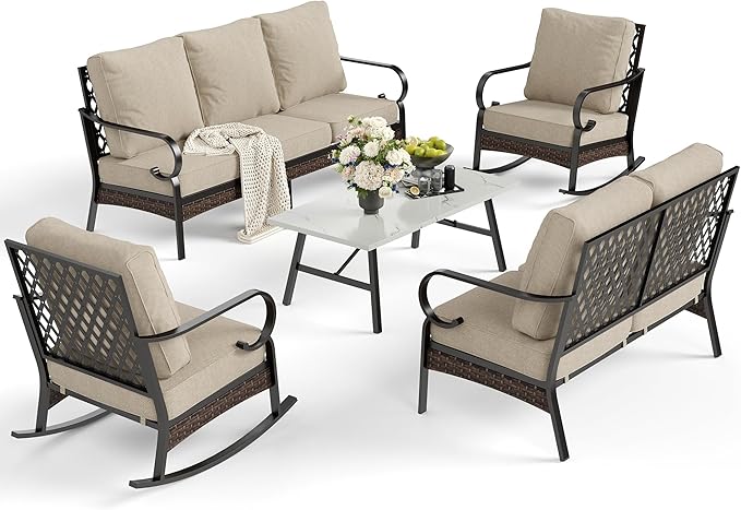 SUNSHINE VALLEY 5 Piece Metal Outdoor Patio Furniture Set, Patio Conversation Sets, Outdoor Seating Furniture 3-Seater Sofa, 2 Leg Chair and 2 Swivel Chair with 5.75" Cushion for Backyard Deck, Beige