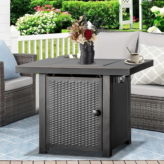 32 Inch Propane Fire Pit Table, Outdoor Gas Fire Pits with 2 Drink Holders, Lid & Lava Rock, 50000 BTU Firepit Table for Dinning, Party in Outside, Patio, Garden or Yard