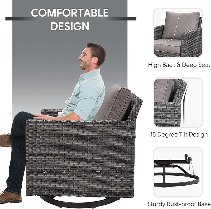 6 Piece Wicker Patio Furniture Set - Outdoor Swivel Rocker Chairs Set with Side Table, 3 Seat Sofa and Ottomans, Small Patio Conversation Sets Proch Furniture for Balcony Deck - Grey/Grey