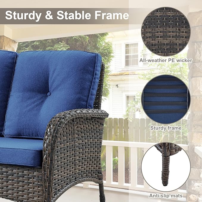 Belord Patio Wicker Furniture with Rocking Chairs Loveseat, 5 Piece Rattan Furniture Outdoor Table and Rocking Chairs Set for Patio Deck Porch Backyard Brwon/Blue