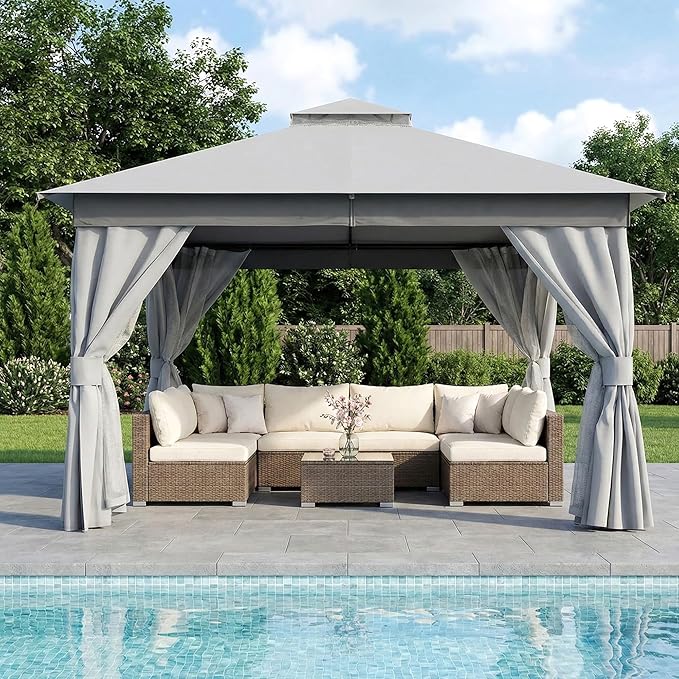LAUSAINT HOME Outdoor Patio Gazebo 12'x12' with Expansion Bolts, Heavy Duty Party Tent & Shelter with Double Roofs, Mosquito Nettings and Privacy Screens for Backyard (Grey)