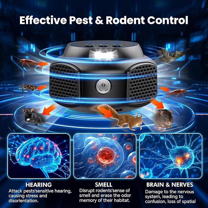 Ultrasonic Pest Repeller, Mice Repellent Ultrasonic Plug in, Electronic Indoor Pest Control Device with 3 Modes, Mouse Squirrel Rat Bats Roach Spider Repellent (Black)