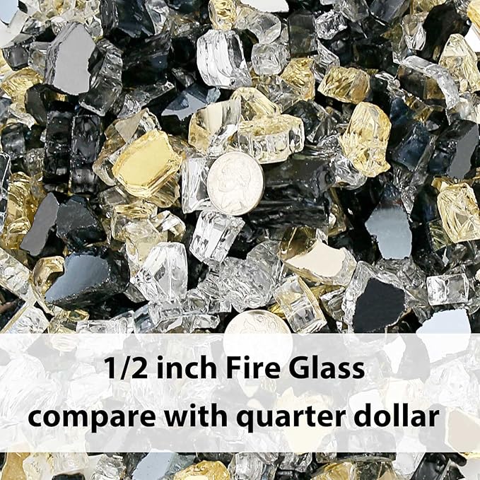 GRISUN 20 Pounds Fire Glass for Fire Pit - 1/2 inch High Luster Reflective Tempered Glass Rocks, Decorative for Natural or Propane Fireplace, Blend of Ultra Clear, Gold, Black