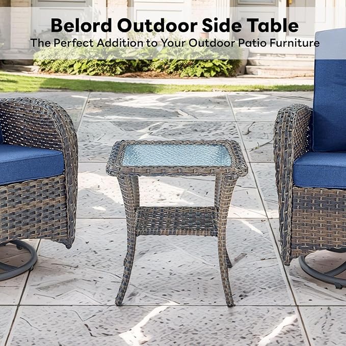 Belord Handwoven Wicker Side Table - 20 Inch Small Outdoor Table 2 Tier Storage with Tempered Glass Top, All Weather Outdoor Patio End Tables for Deck Balcony Outside Brown