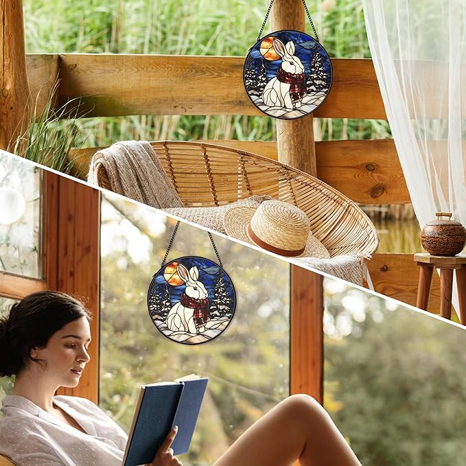 cvjutf Winter Christmas Bunny Suncatcher Stained Glass Window Hanging Decorstions, Nature Landscape Stained Glass Wall Decor, Winter Solstice Gifts, Forest Garden Lawn Sun Catchers Art, 7.9x7.9Inch