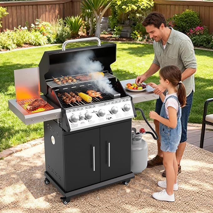 SKOK 5+1 Burners Infrared Grill, Gas Grill with Cast Iron Grates, Outdoor Barbecue Grill 72,000 BTU Output