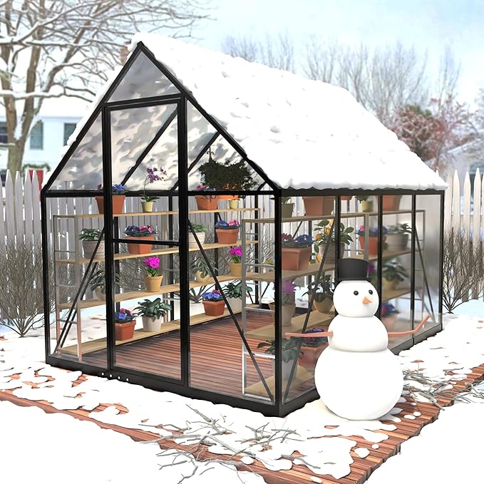 HOOYEAH 6 x 8 FT Polycarbonate Greenhouse, Winter Greenhouses for Outdoors,Outdoor Greenhouse with Roof Air Vent, Heavy Duty Walk-in Aluminum Green House for Outside Garden Backyard