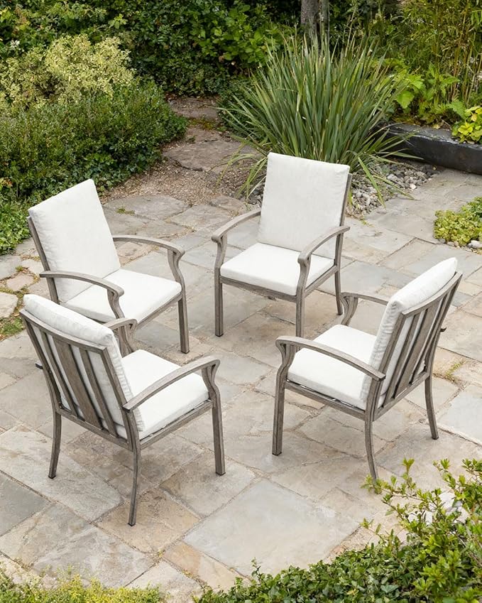 SEEHILL Patio Dining Chairs Set of 4, Aluminum Outdoor Dining Chairs with Thick Cushion, Patio Outdoor Chair Set for Table, Patio Chair Furniture Set for Deck, Backyard, Garden, Pool, Limed Oak