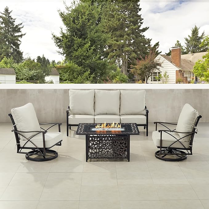 Oakland Living Black Aluminum Fire Table Set with Deep Seating Sofa with Cushion and Two Club Chairs