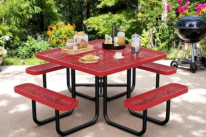 HIMcup 46" Square Picnic Table for Outside,Heavy Duty Metal Picnic Table Bench Set with 2in Umbrella Hole, 1600 lb Capacity,Commercial Dining Table Furniture for Garden Yard Patio Party Coffee Shop