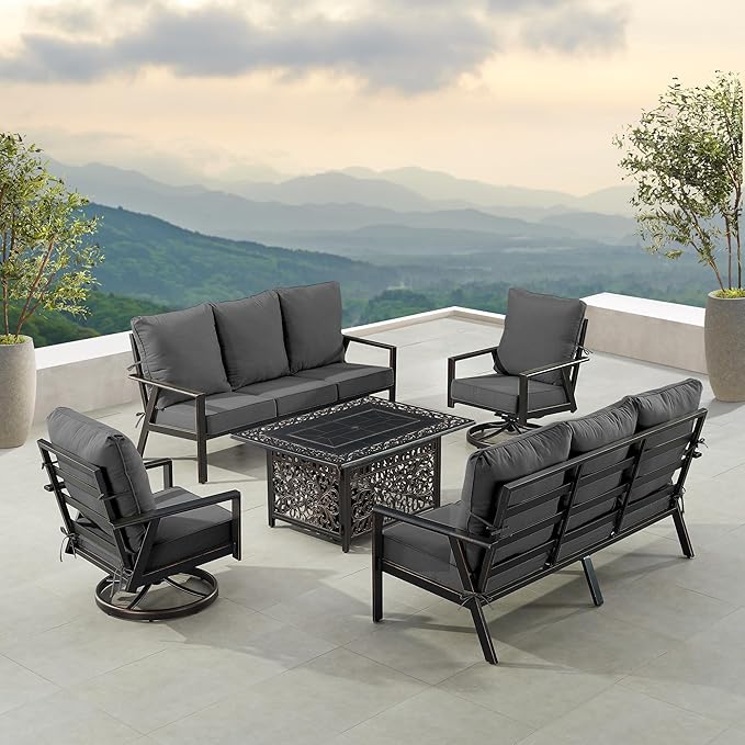 Oakland Living Black Aluminum Patio Fire Table Set with Two Deep Seating Sofa with Cushions and Two Club Chairs with Black Cushions