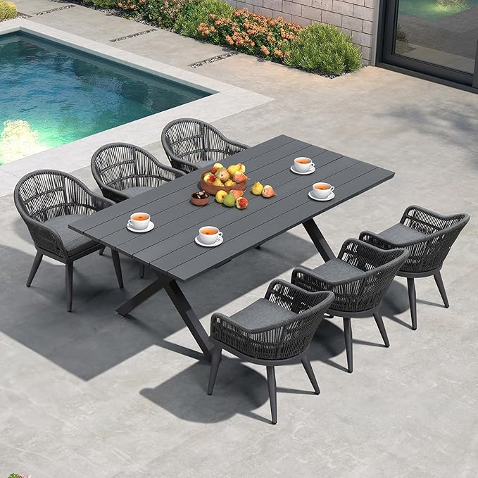 PURPLE LEAF 7 Pieces Longer Patio Dining Set with Outdoor Aluminium Dining Table and Woven Chairs Modern Metal Furniture Cushions Sets for Garden Yard Indoor Decor Kitchen Gray