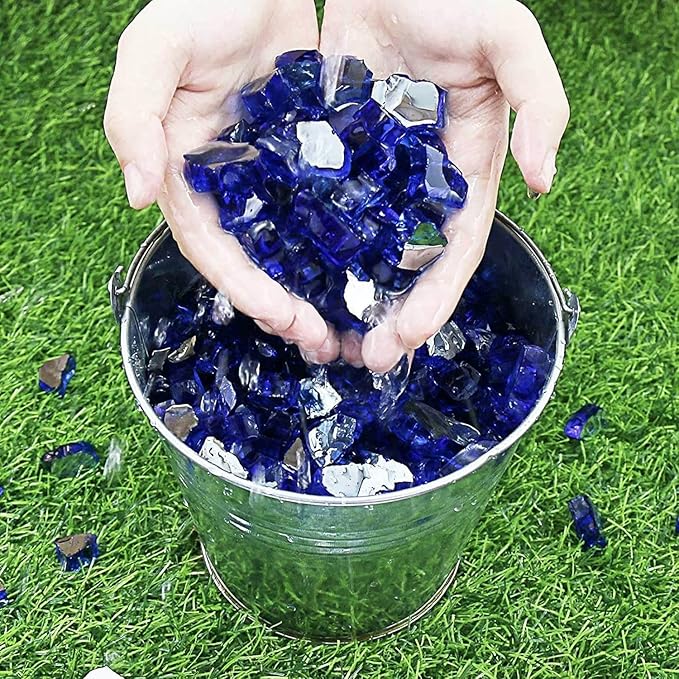 Grisun Blue Fire Glass for Fire Pit - 1/2 Inch High Luster Reflective Tempered Glass Rocks for Natural or Propane Fireplace, Safe for Outdoors and Indoors Firepit Glass, 10 Pounds