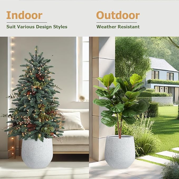 16.5"H x 15"D Ribbed Corso Fiberstone Round Planter - Christmas Tree Planter, Weather Resistant for Indoor & Outdoor Use, Included 2 Extra Coco Mats (Ribbed Speckled White,11.5" Pot Opening)