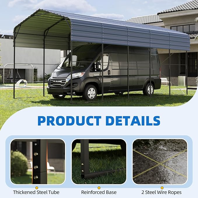 YOLENY 14x25 FT RV Carport, Heavy Duty Metal Carport with Reinforced Metal Frame & Galvanized Roof, Weather-Resistant Car Shelter for RV, Cars, Trucks, Boats, SUVs, and Tractors, Gray