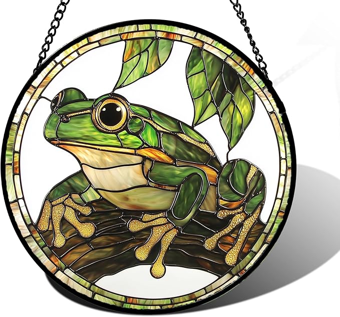 DASTOLL Stained Glass Window Hanging, Frog Green Leaf Sun Catchers Colorful Glass Panel Cool Suncatcher Decor for Birthday for Women, Men, Wife, Aunt, and Mom 7.8 in