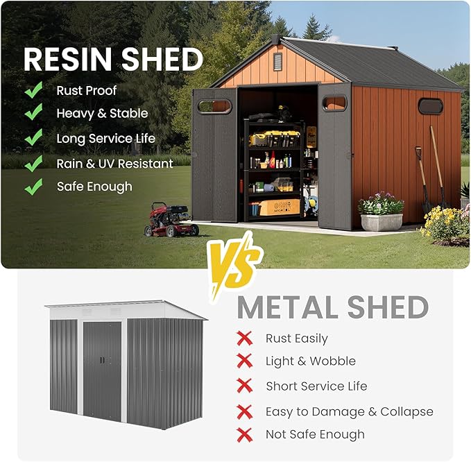 CRESTLIVE 8x8 FT Rust-Resistant Plastic Outdoor Storage Shed, Waterproof Resin Garden Shed with Floor, Doors, Skylight & Vent for Lawn Tools & Bikes
