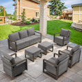 Belord Modern Outdoor Patio Furniture 7 - Person Outdoor Swivel Glider Seating Group, Backyard Wicker Furniture Set with Aluminum Armrests, Grey Wicker Grey Cushion