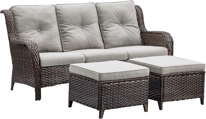 HUMMUH 3 Piece Patio Furniture Set All Weather Wicker Outdoor Sectional Sofa Manual Weaving Rattan High Curved Back Patio Couch with Ottomans