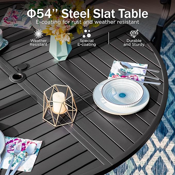 PHI VILLA Outdoor Round Dining Table for 6, 54" Large Metal Wrought Iron Table with Umbrella Hole, All Weather Furniture for Patio, Deck, Yard, Porch - Black