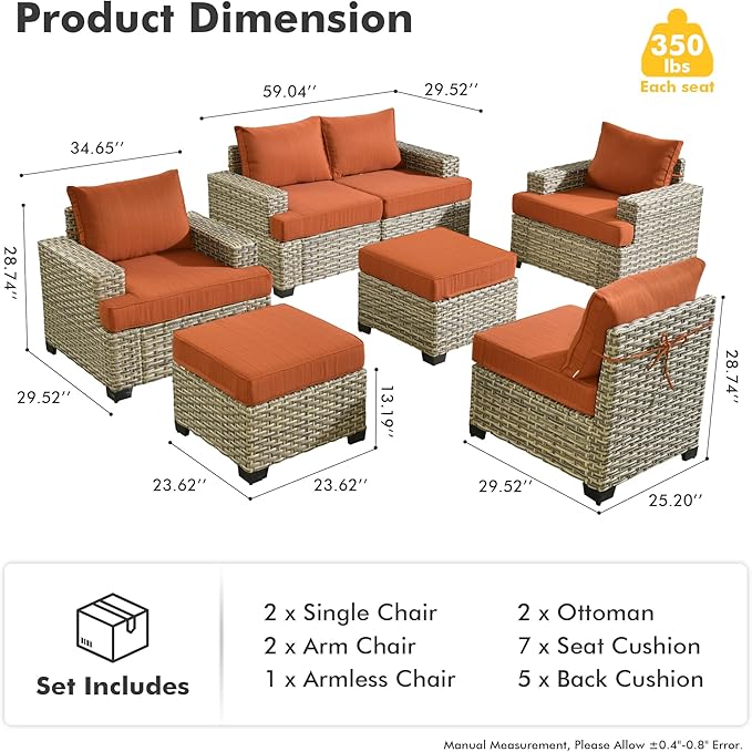 HOOOWOOO Outdoor Sectional Patio Furniture Set,7 Pieces Wicker Conversation Sets,Extra Deep Out Door Sofa Outside Furniture Couch with Ottoman,Brick Red