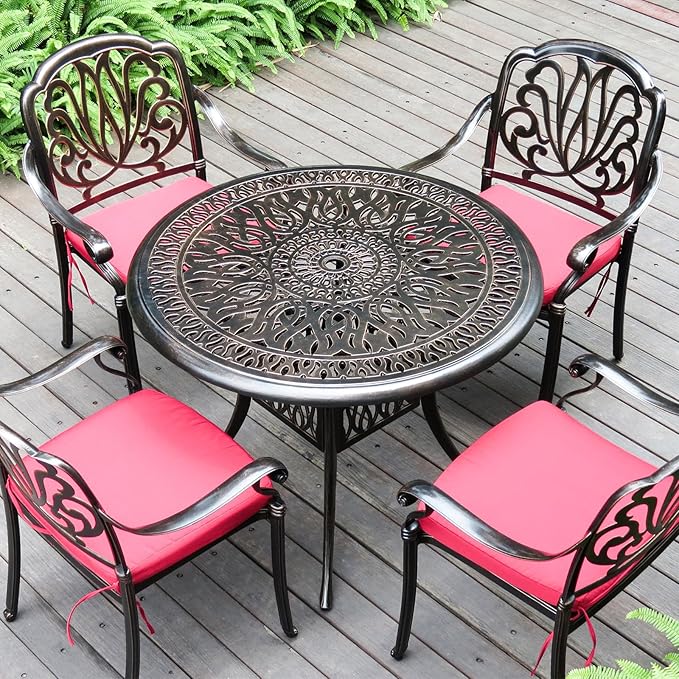 FAPOLITE Outdoor Table Cast Aluminum Round Patio Table with Umbrella Hole All Weather Outdoor Dining Table for Lawn Garden Backyard (90cm YLSB Round Table)