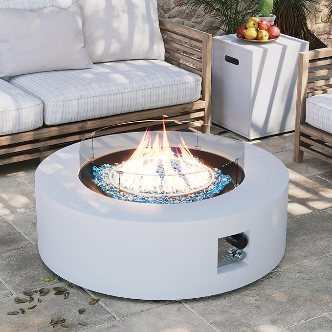 UPHA 42-Inch Outdoor Propane Fire Pit Coffee Table with Iron Round Fire Pit Patio Heater & Weatherproof Cover, 50,000 BTU Stainless Steel Burner, Blue Glass Stone, Weatherproof Cover, White