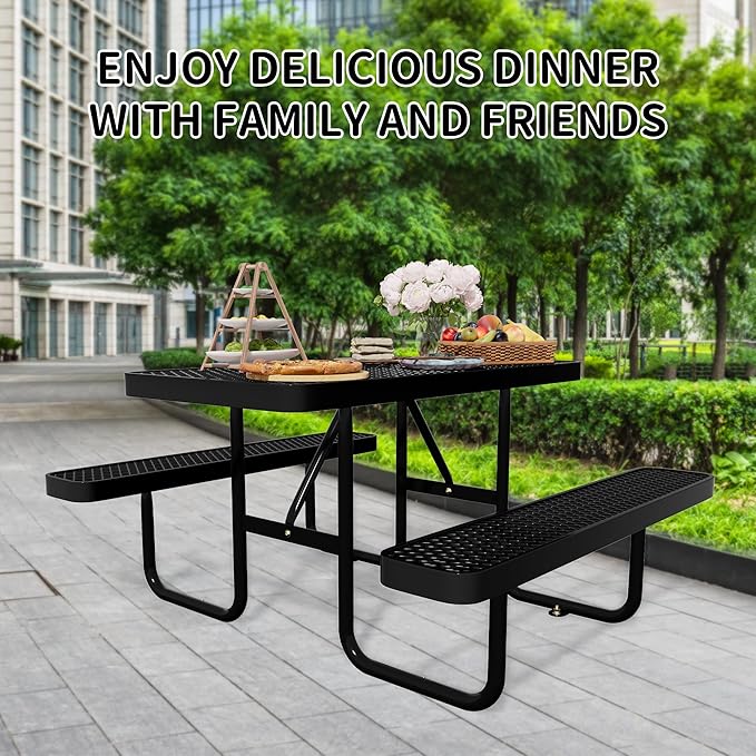 4FT Metal Picnic Table with Benches, Rectangular Lifetime Picnic Table with Umbrella Hole, Outdoor Furniture Heavy Duty Sturdy Commercial Picnic Tables for Patio Garden Courtyard BBQ Shopping Centers