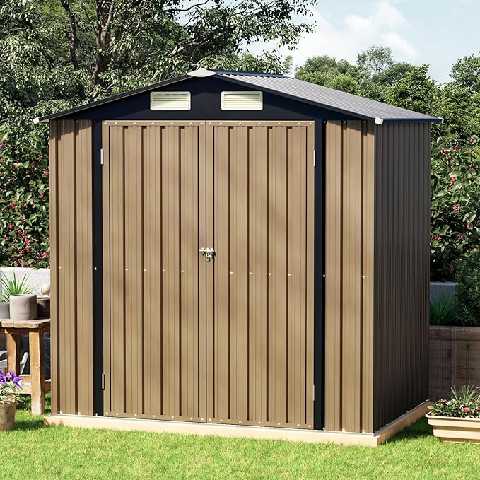 6x4 FT Outdoor Metal Storage Shed, Double Doors,with Frame Floor,Tool Shed for Garden, Patio, Backyard Brown