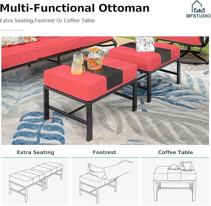 MFSTUDIO 7 Pieces Metal Patio Furniture Sets, 2 Swivel Chairs, 3-Seat Deep Seating Sofa, 2 Single Couch and 2 Ottoman, All Weather 9 Seats Outdoor Conversation Set for Garden Backyard, Burgundy Red