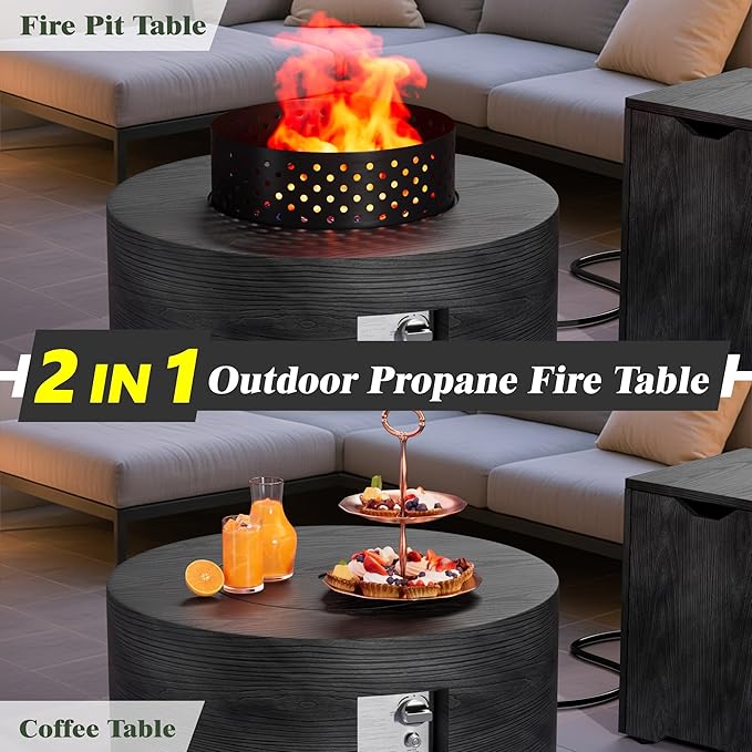 Dineli 2-Piece Outdoor Propane Fire Pit Table Set w Tank Table 30'' Round Fire Pit Table 2-in-1 Firepit Table for Outside Patio Gas Fire Pit, 50,000 BTU, Dark Gray with Wood Grain