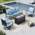 MFSTUDIO 4 Pieces Patio Conversation Sets, All Weather Metal Frame Outdoor Furniture Set Patio Sofas with 1 x 45 Rectangular Propane Fire Table, 1 x 3-Seat Sofa, 2 x Swivel Chairs, Blue Cushion