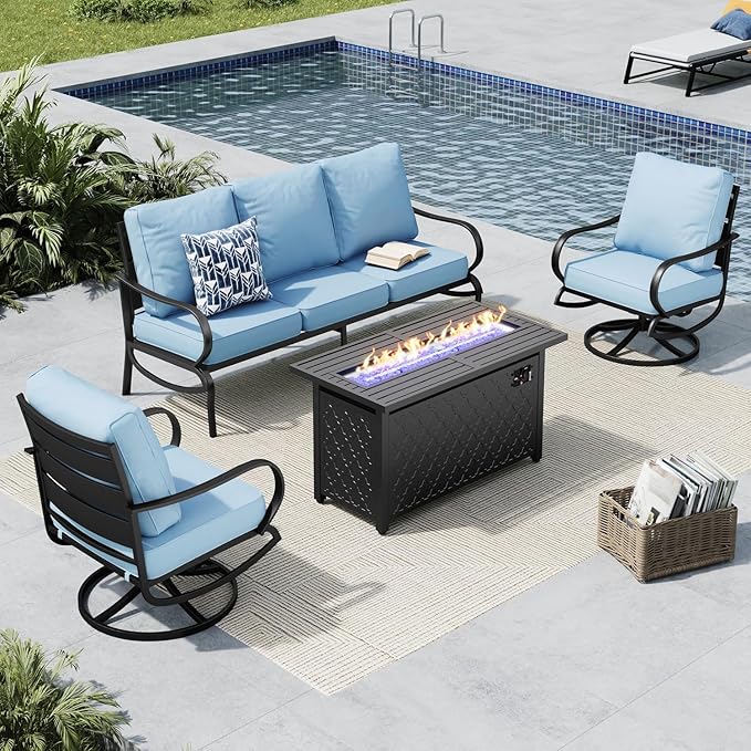 MFSTUDIO 4 Pieces Patio Conversation Sets, All Weather Metal Frame Outdoor Furniture Set Patio Sofas with 1 x 45 Rectangular Propane Fire Table, 1 x 3-Seat Sofa, 2 x Swivel Chairs, Blue Cushion