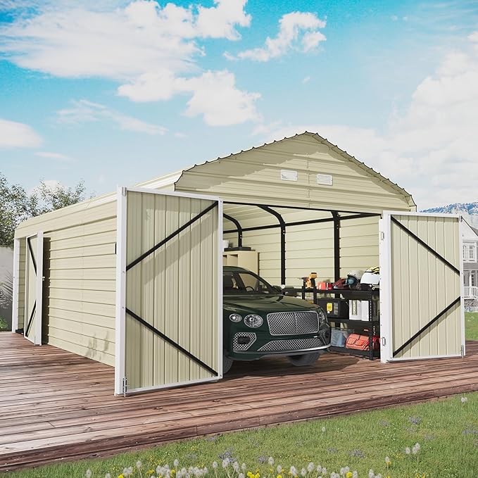 EROMMY 12x24 FT Heavy Duty Carport - Galvanized Steel Frame Car Shelter with Reinforced Base, Enclosed Storage Shed for Cars & Trucks, Gray