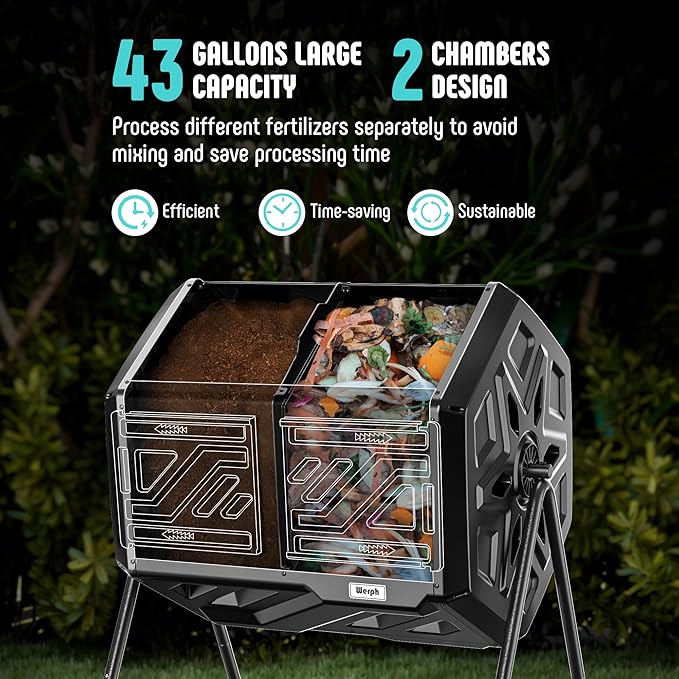 Werph 43 Gallon Compost Bin with Gloves, Fast Assembly & Easy Setup Outdoor Compost Tumbler, Updated Dual Chamber Tumbling Composter for Garden, Kitchen, and Yard Waste, Black