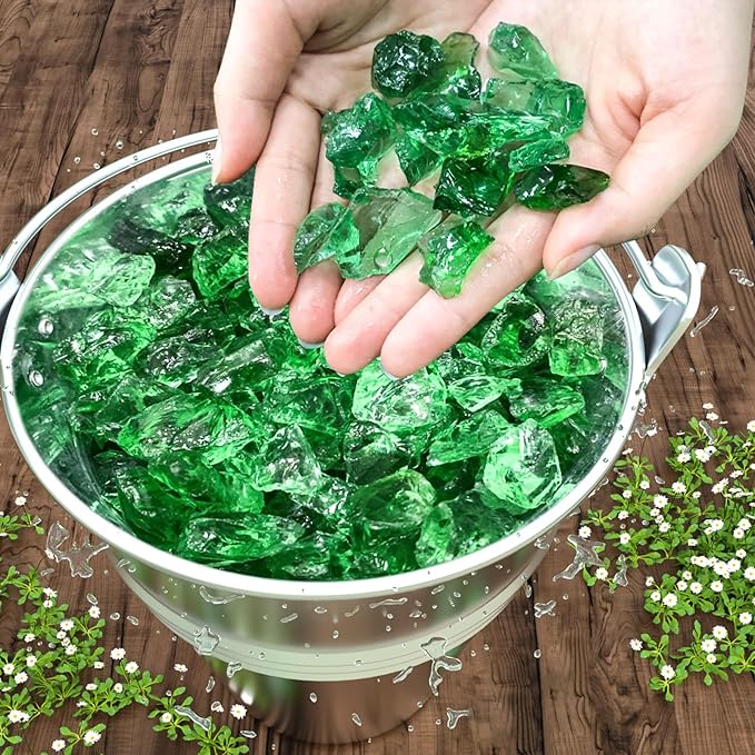 GRISUN Emerald Green Fire Glass for Fire Pit, 20 Pounds 1/2 Inch Tempered Glass Rocks for Natural or Propane Fireplace, Safe for Outdoors and Indoors Firepit Glass