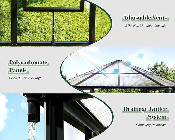 Jocisland 12x10x8 FT Hexagonal Greenhouse, Quick-Connect Aluminum Frame, Dual Roof Vents & Double Doors, Walk-in Garden/Backyard Greenhouse with Gutters, Black
