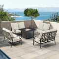Oakland Living Black Aluminum Patio Fire Table Set with Four Deep Seating Loveseat, Cushions and Wind Blocker