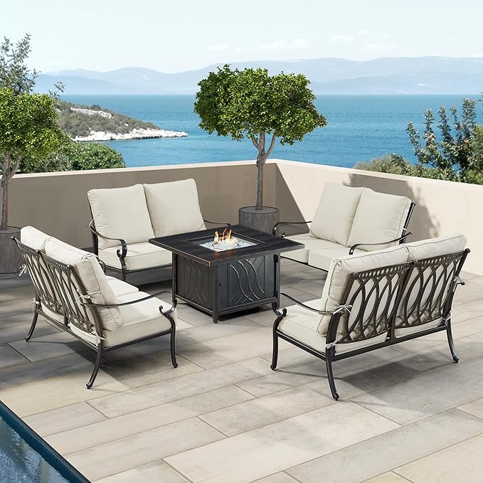 Oakland Living Black Aluminum Patio Fire Table Set with Four Deep Seating Loveseat, Cushions and Wind Blocker