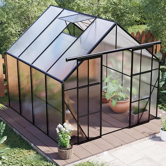 KEIKI 8x8 FT Double Door Polycarbonate Greenhouse with Aluminum Frame,Raised Base and Roof Vent,Walk-in Greenhouses for Patio Garden