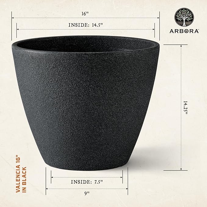 ARBORA 16" Valencia Polyresin Indoor and Outdoor Planter with Classic Black Finish - Durable, Weatherproof, Lightweight, Large Plant Pot for Patio, Garden, Deck, Entryway